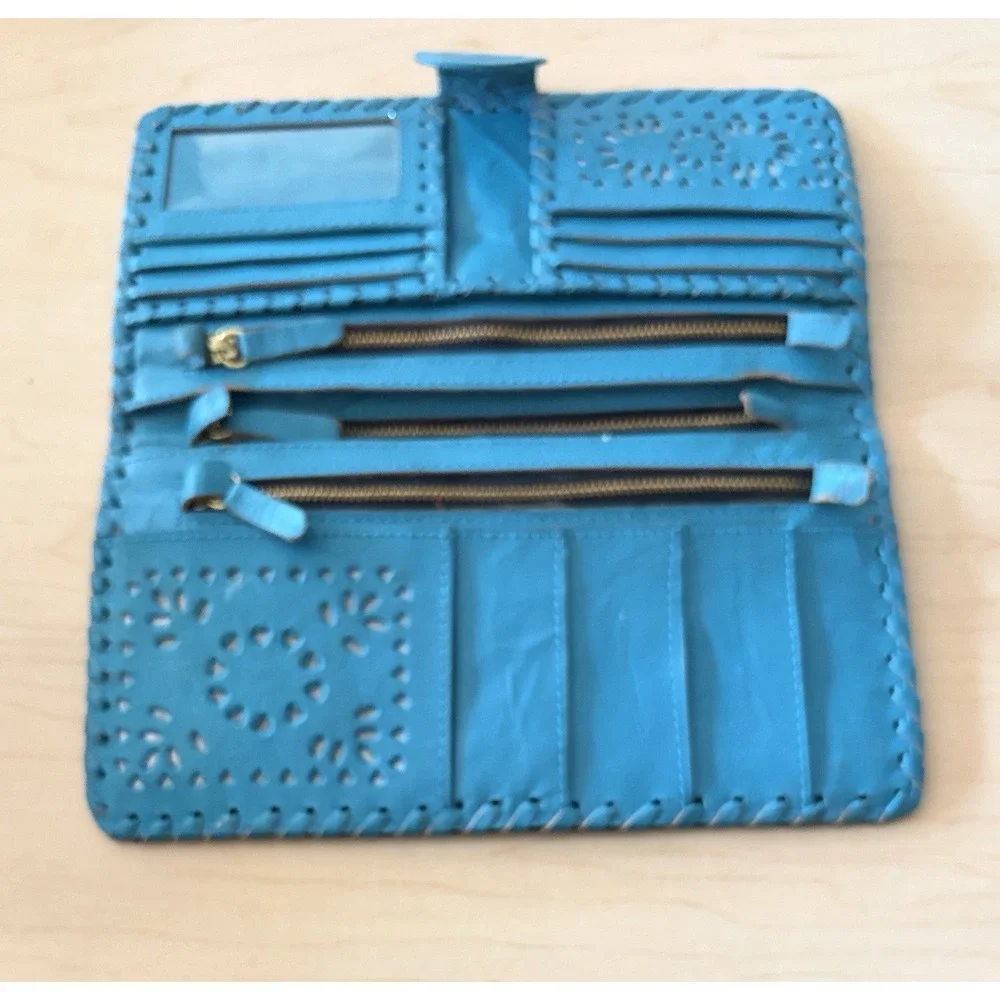 Anthropologie Cleobella Mexicana Leather Cut-Out Wallet Women OS Teal Blue Boho